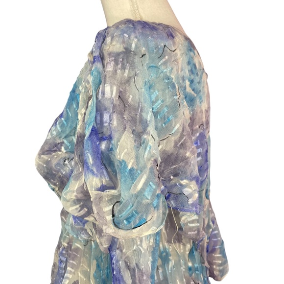 100% Silk Layered Dress S Vintage Long Sleeve Rosette Flowy V-Neck Blue Gray - Picture 4 of 11